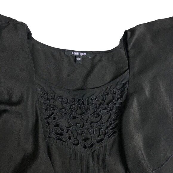 Daniel Rainn Top M Black Silk Crochet Flutter Sleeve Tunic Fairy Cottage Peasant - Picture 3 of 13